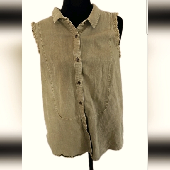 Free People Womens Olive Green Linen Distressed Tank M - Picture 3 of 13